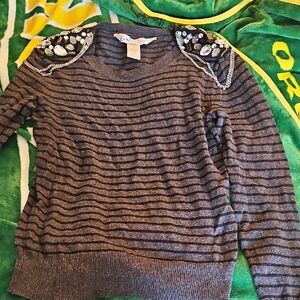 Candie's Charcoal and Black Striped Sweater with Jewel Accents